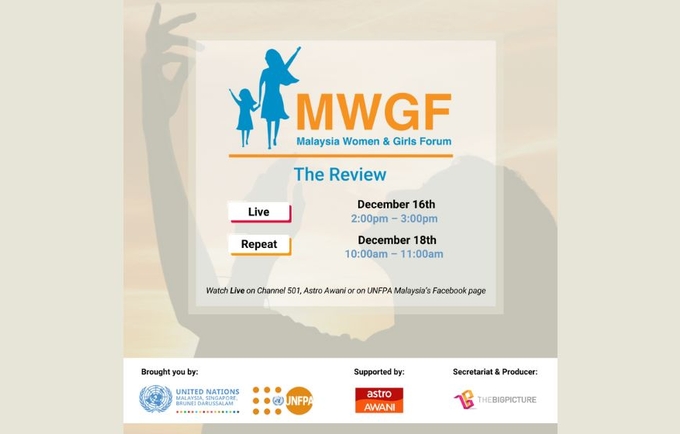 Image is a poster with details of the MWGF:The Review screening times. December 16th 2pm, live on Chanel 501 Astro Awani