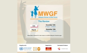 Image is a poster with details of the MWGF:The Review screening times. December 16th 2pm, live on Chanel 501 Astro Awani