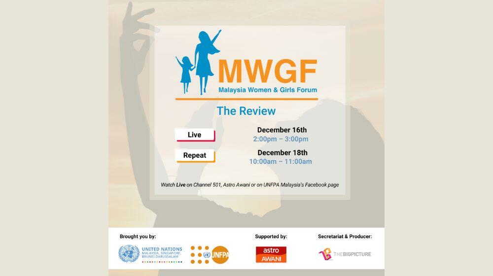 Image is a poster with details of the MWGF:The Review screening times. December 16th 2pm, live on Chanel 501 Astro Awani